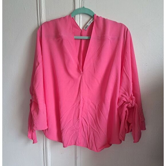 Zara Womens Large Batwing Pink Top Tie Sleeve Blouson - Picture 1 of 6
